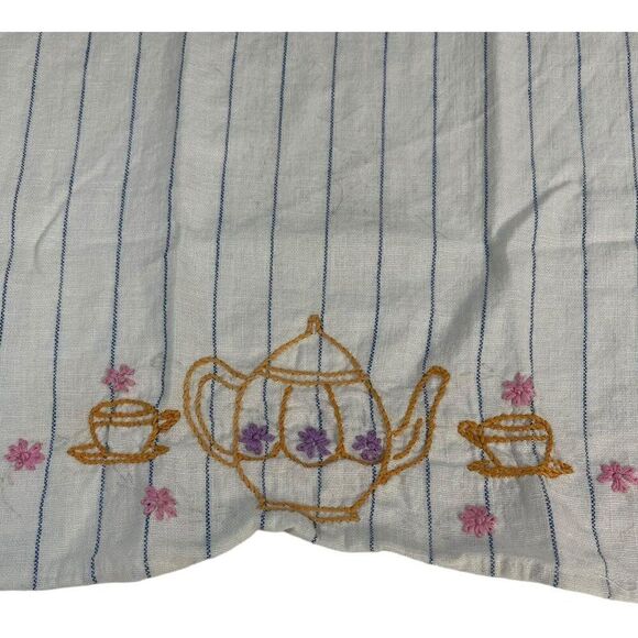Flour Sack Teapot Embroidered Striped Beige 38x58 Tea Towel Country Cottage Core - Picture 1 of 4